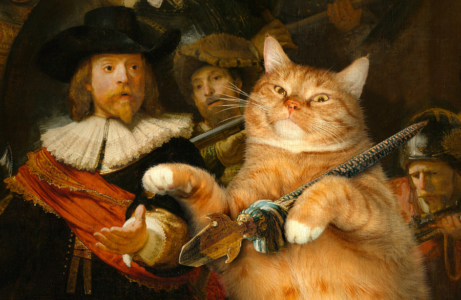 Rembrandt, The Night Watch with the Cat, close up