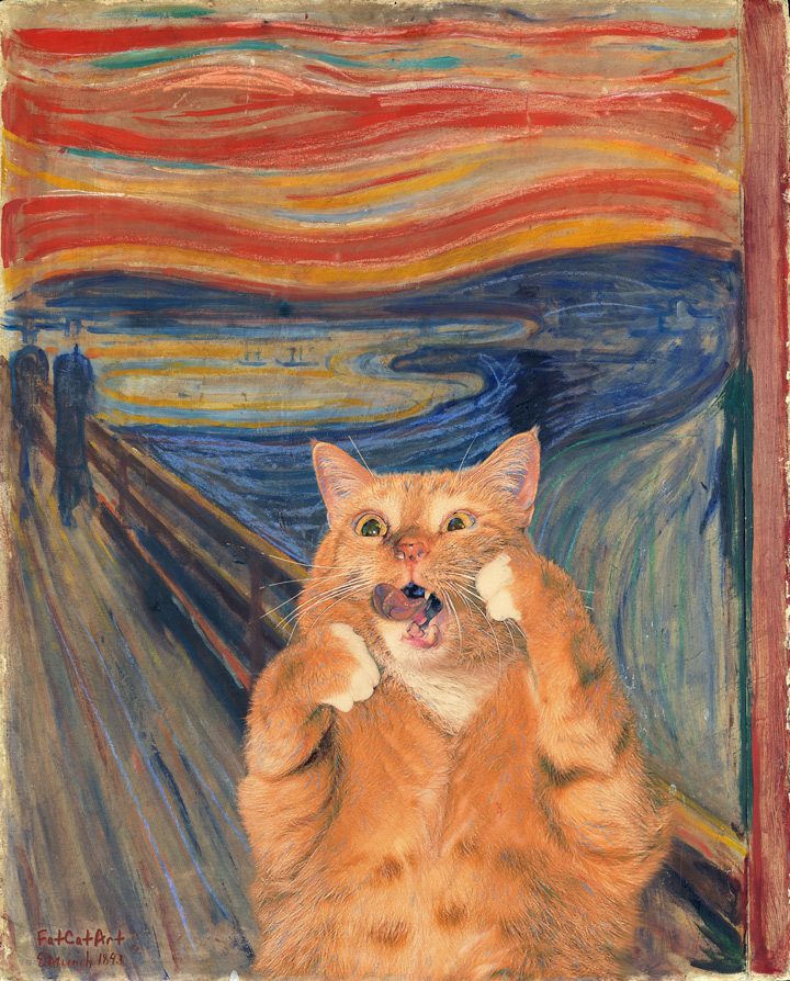 Ginger cat screaming in place of man in parody of Munch's "The Scream"