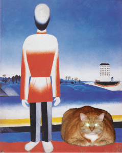 Malevich, Man on suprematic landscape with suprematic cat
