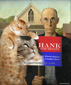 Grant Wood, Zarathustra the cat supports Hank for Senate in American Gothic style