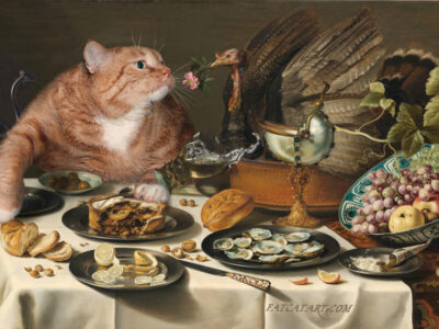 Pieter Claesz, Still Life with Turkey Pie and the Cat interested in it