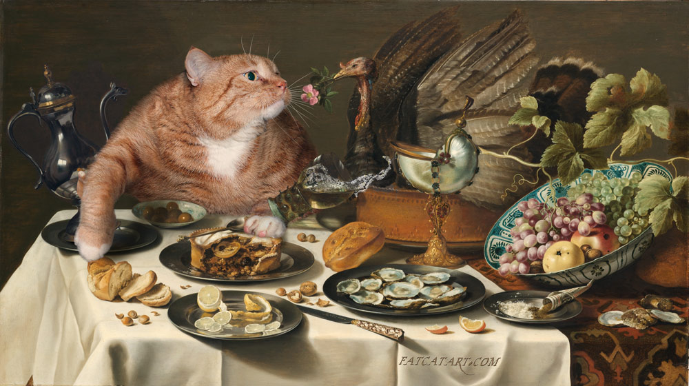 Pieter Claesz, Still Life with Turkey Pie and the Cat interested in it