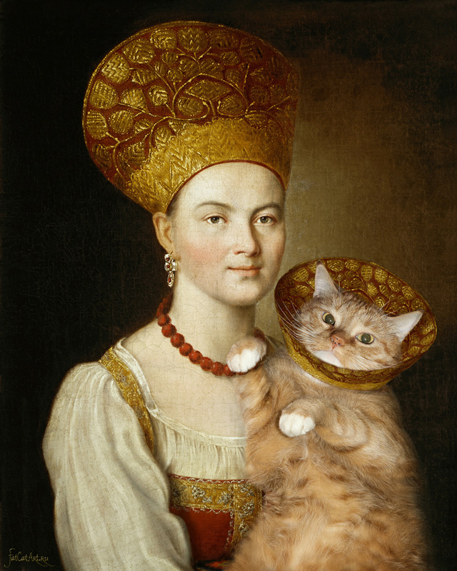 Ivan Argunov, Portrait of an Unknown Woman in Russian Costume and a Well Known Cat in a Vet Collar