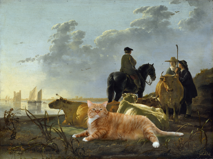 Aelbert Cuyp. Peasants with Four Cows and One Cat by the River Merwede