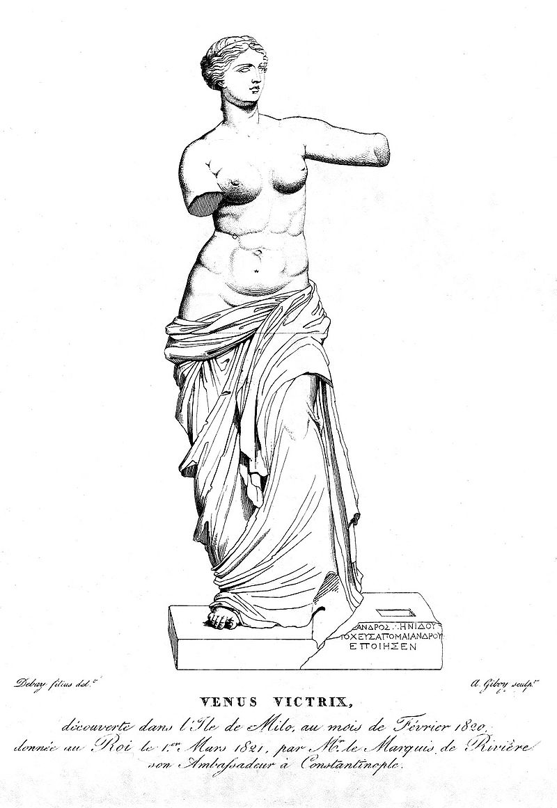 Drawing by Jean-Baptiste-Joseph Debay of the statue with the missing inscribed plinth published in 1821