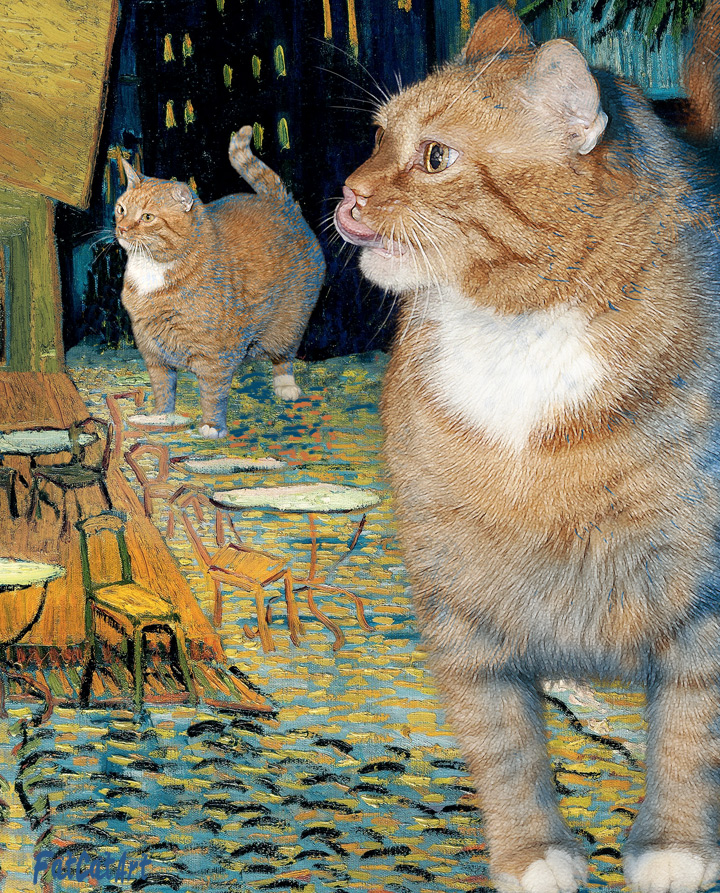 Vincent van Gogh, Terrace of a café at night during quarantine visited by giant cats, detail