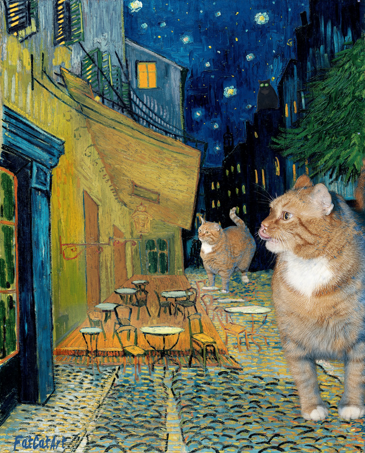 Vincent van Gogh, Terrace of a café at night during quarantine visited by giant cats 