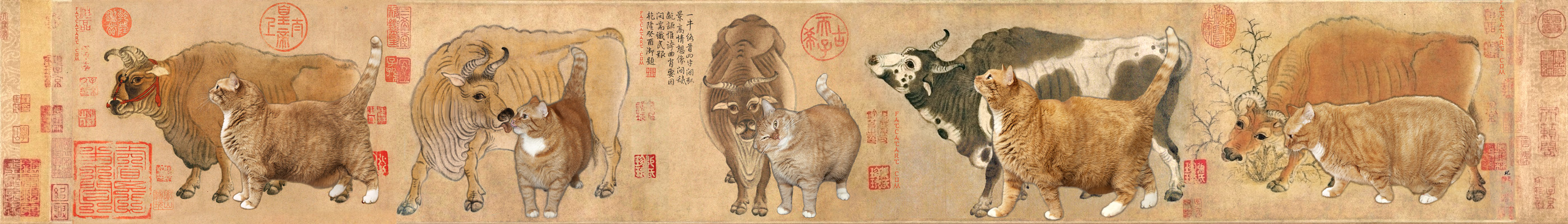 Han Huang, Five Oxen and Five Cats, true version, the scroll look