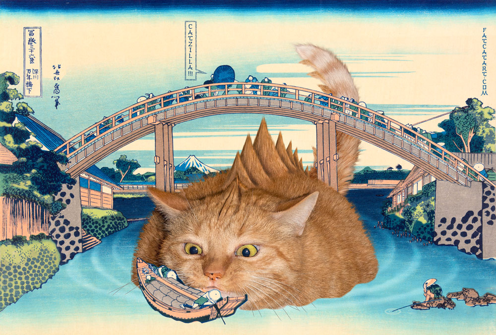 Katsushika Hokusai, Catzilla pops up under the Mannen Bridge at Fukagawa, from the series Thirty-six Views of Mount Fuji