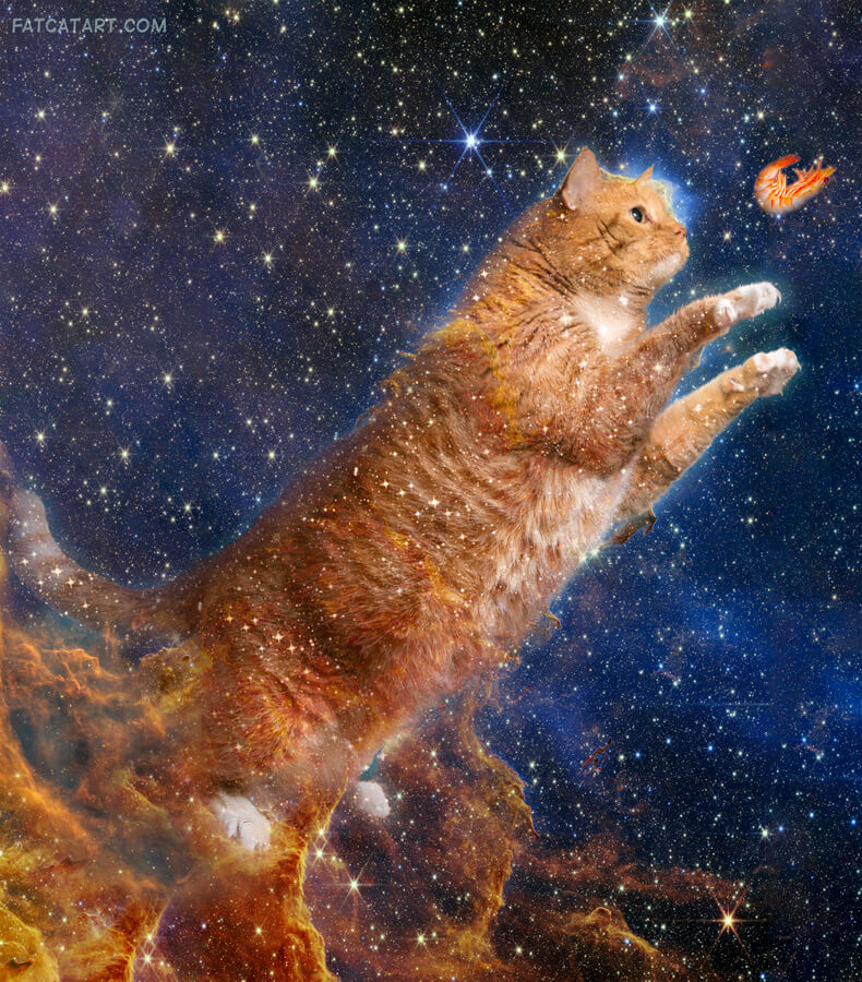 Zarathustra the Celestial Cat hunts a Space Shrimp as Pillars of Creation