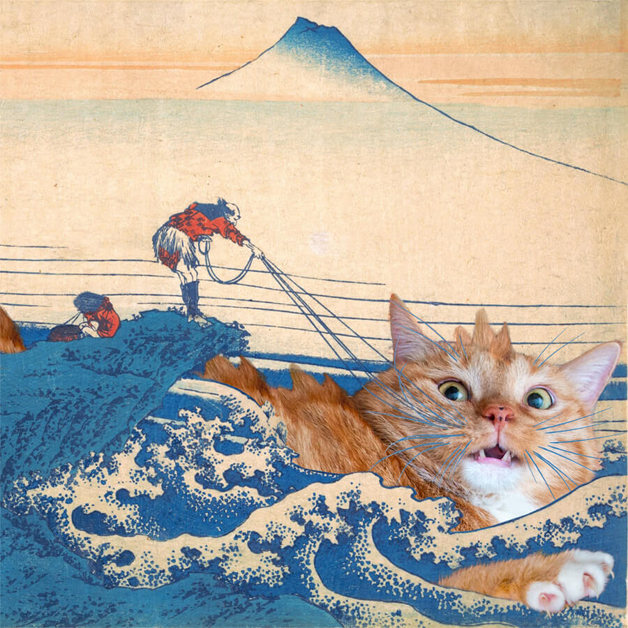 Katsushika Hokusai, Fisherman catches Catzilla by his whiskers in Kajikazawa in Kai Province, from the series Thirty-six Views of Mount Fuji, detail