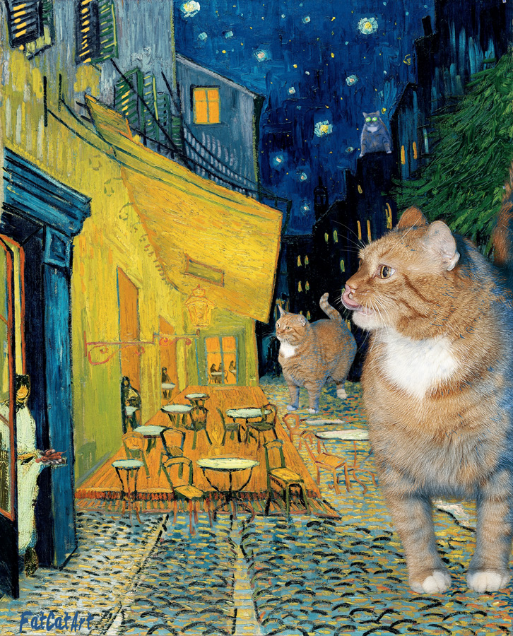 Vincent van Gogh, Terrace of a café at night visited by giant cats 