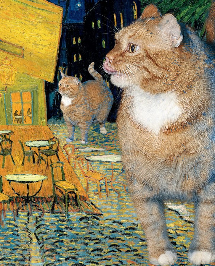 Vincent van Gogh, Terrace of a café at night visited by giant cats, detail