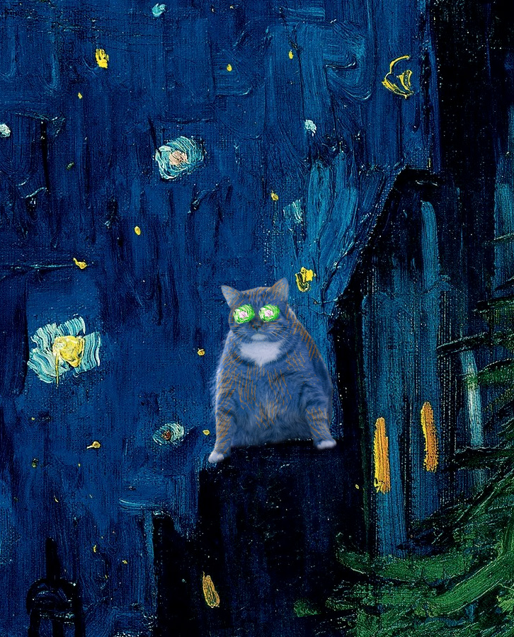 Vincent van Gogh, Terrace of a café at night visited by giant cats, close up