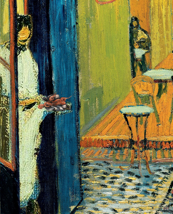 Vincent van Gogh, Terrace of a café at night visited by giant cats, detail