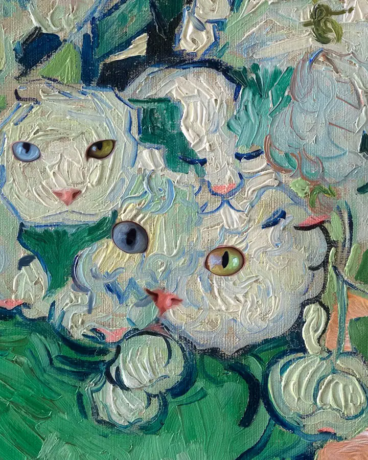 Vincent Van Gogh, Roses are cats' pink noses, David Bowie the Cat's multiple faces in roses