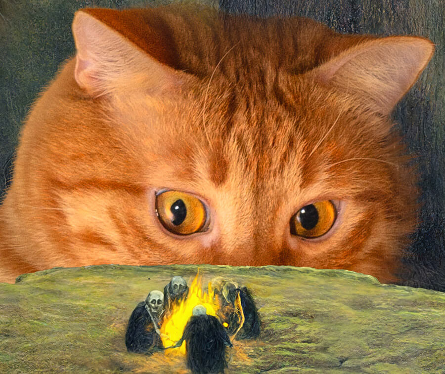 Zdzisław Beksiński, In Search of Lost Title, a giant cat lookining at the monsters