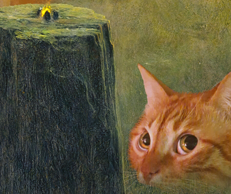 Zdzisław Beksiński, In Search of Lost Title, a giant cat asking for dinner